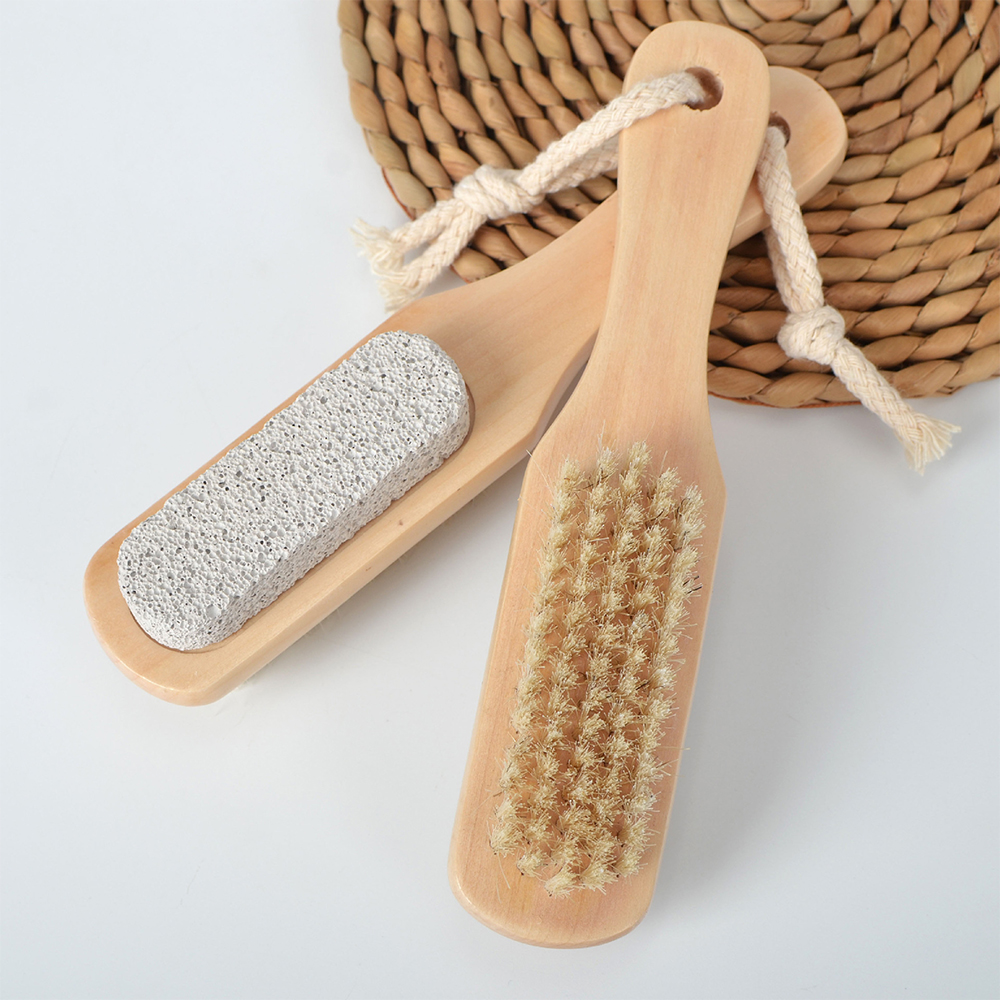 2 in 1 Double-Sided Foot Care Scrub with Wooden Handle Foot File and Pumice Stone Cleaning Brush