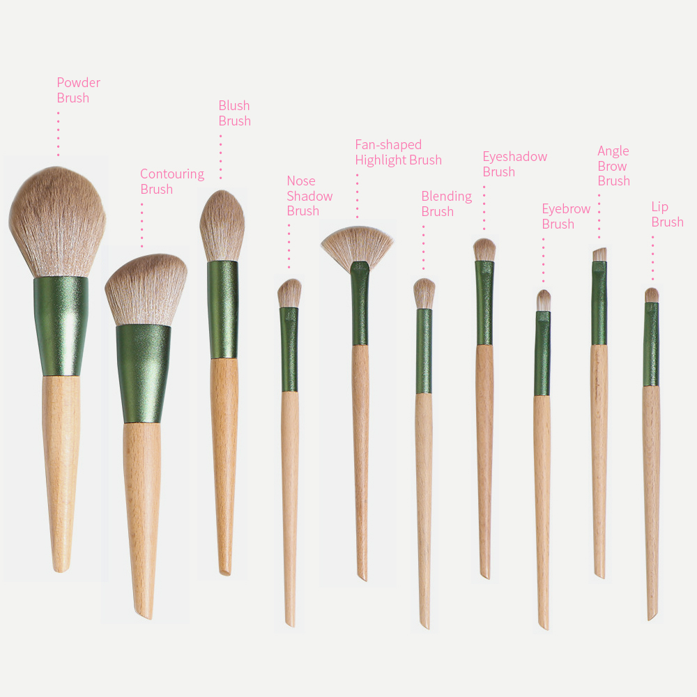 10Pcs Wooden Handle Makeup Brush Set with Pouch