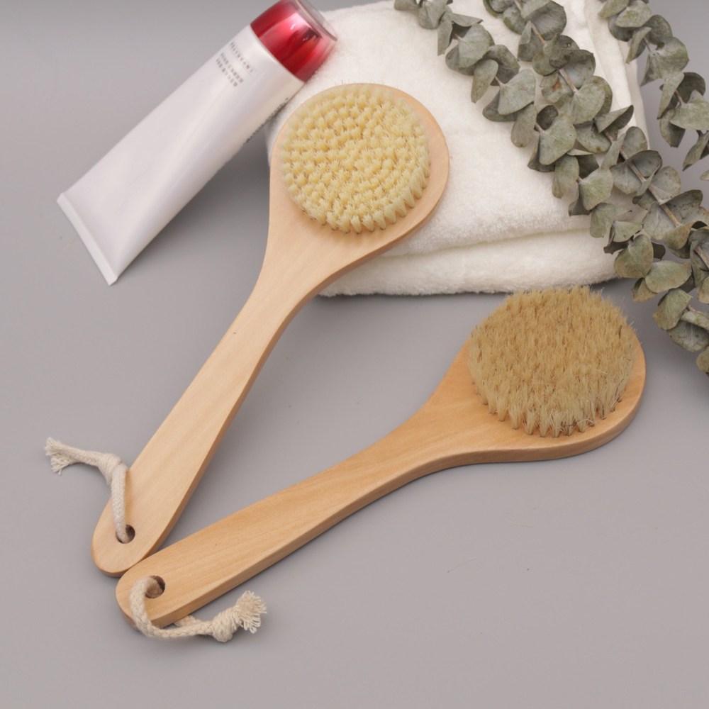 Eco Natural Boar Bristle Dry Body Brushes with Long Handle Anti-slip Wooden Wash Scrubber Bath Shower brush