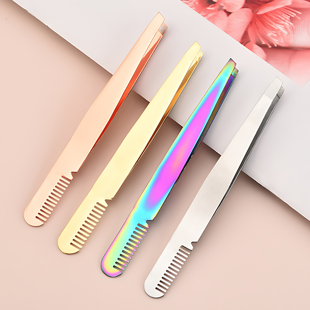 Double Ended Slant Lash Tweezers Professional Stainless Steel Eyebrow Tweezer With Comb