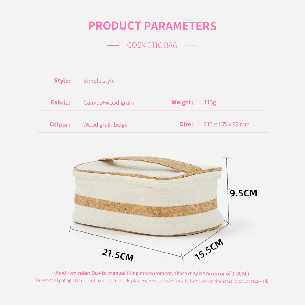 Eco Friendly Recycled Canvas Portable Cosmetic Bag Cork Handle Zipper Toilet Bag