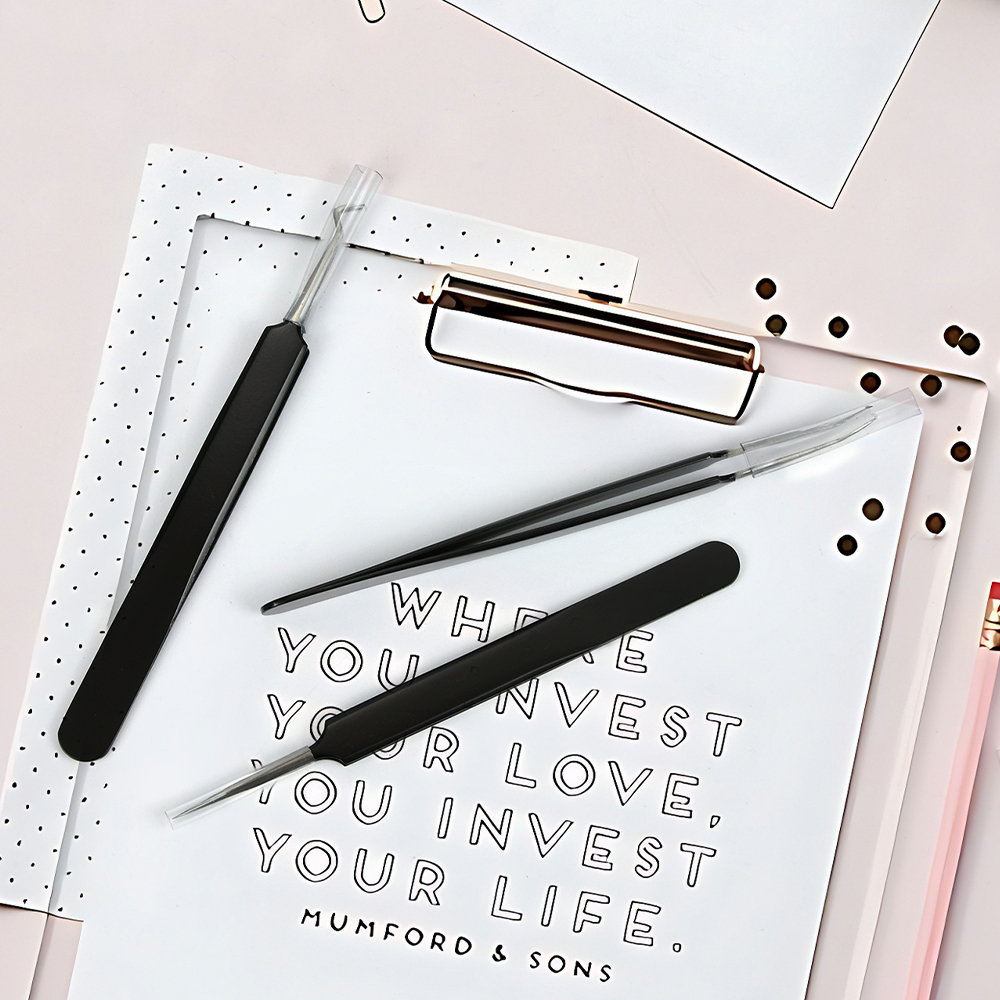 Black Stainless Steel Eyelash Tweezers Set