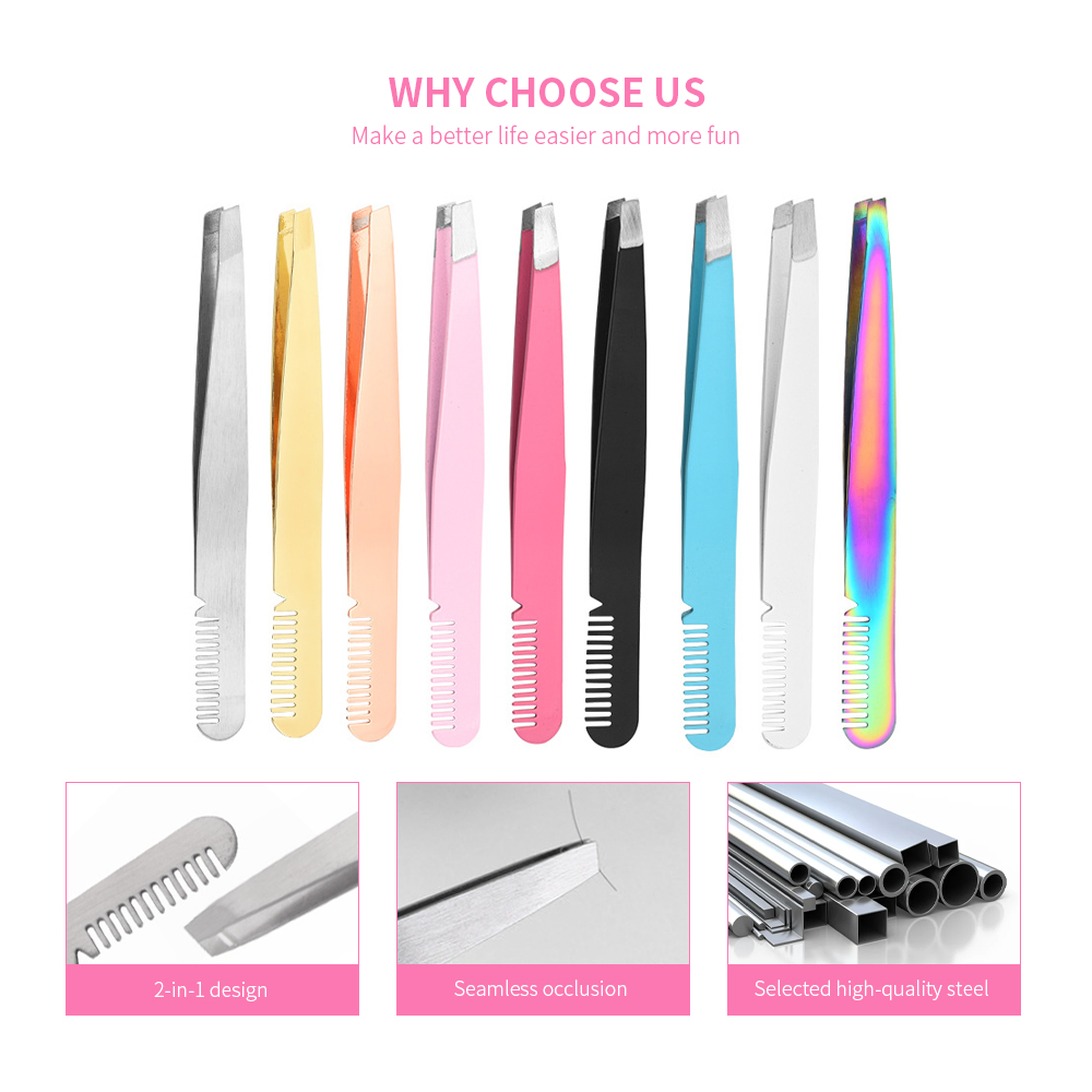 Double Ended Slant Lash Tweezers With Comb