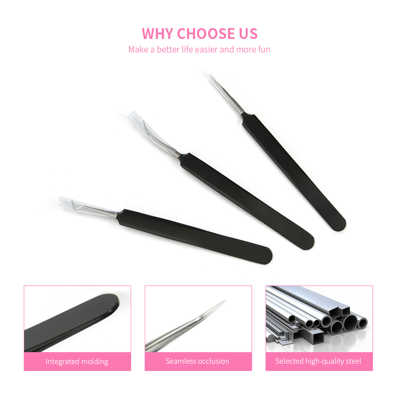 Black Stainless Steel Eyelash Tweezers Set