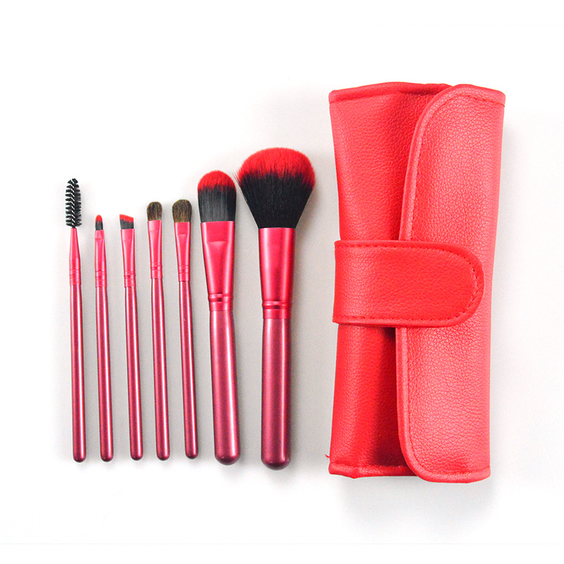 7pcs Red Handle Makeup Brush Set with PU Bag