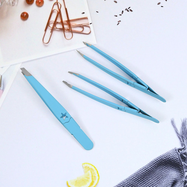 Sky Blue Stainless Steel Eyebrow Tweezers Set 