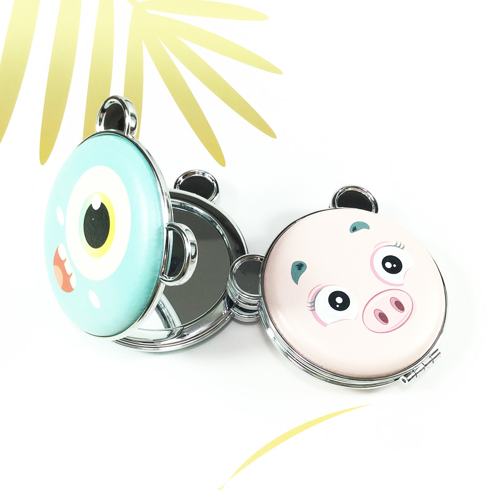 Metal Duble Side Pocket Mirror Lovely Ears PU Makeup Mirror