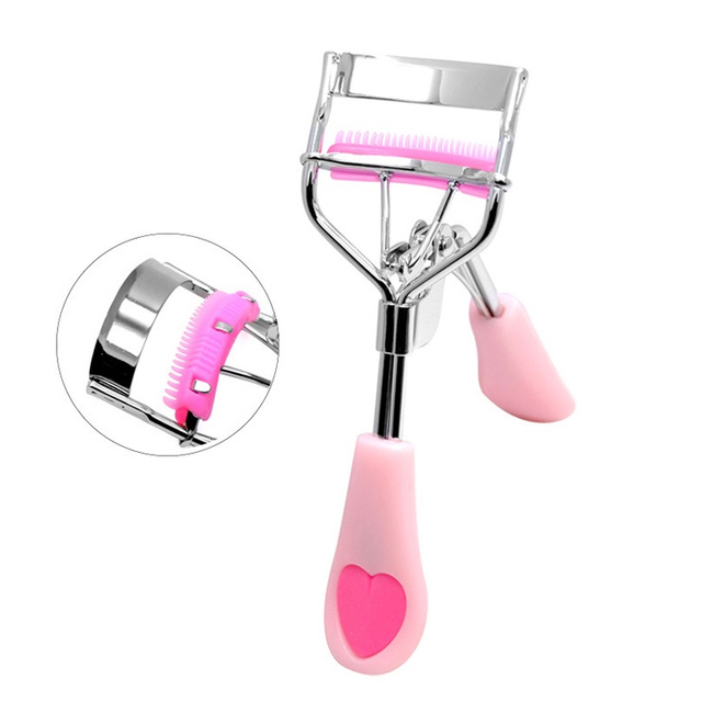 Pink Heart Handle Eyelash Curler With Built-in Comb