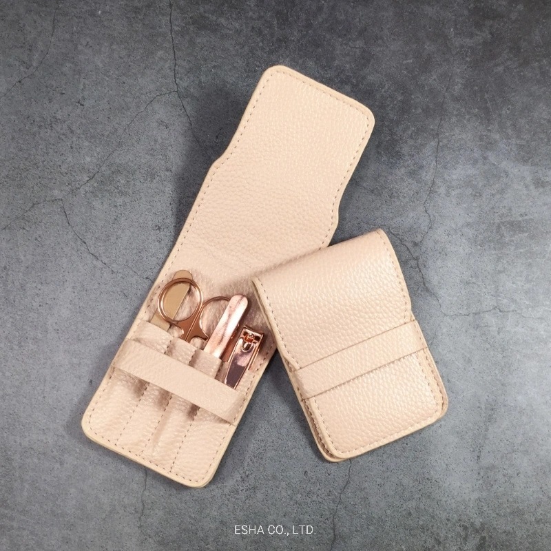 Golden Metal 4-Piece Manicure Kit with Nude PU Pouch Packaging