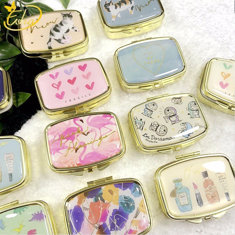 Japanese Compartments Mini Round Metal Pill Box Mirror