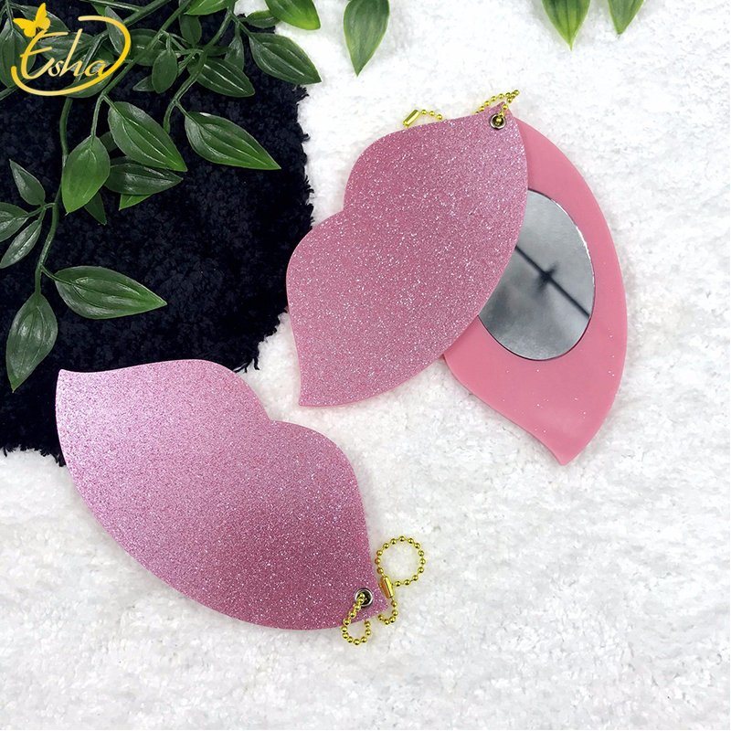 Pink Lip Shape Acrylic Single Cosmetic Mirror with Key-Chain Ring