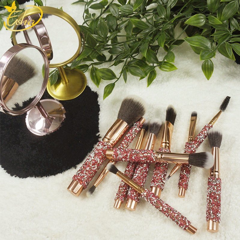 New Design Pink 10 PCS Powder Blush Foundation Eyelash Face Brush Set with Bag