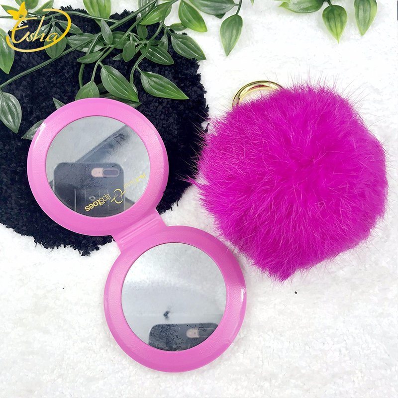 Pocket Cosmetic Mirror with Fur with Keychain