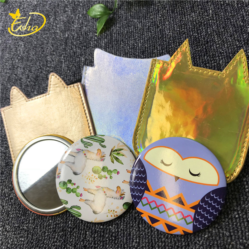 Custom Wholesale Circular PU Folding Cosmetic Mirror Cartoon Tin Pocket Mirror