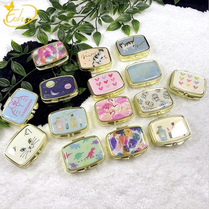 Japanese Compartments Mini Round Metal Pill Box Mirror