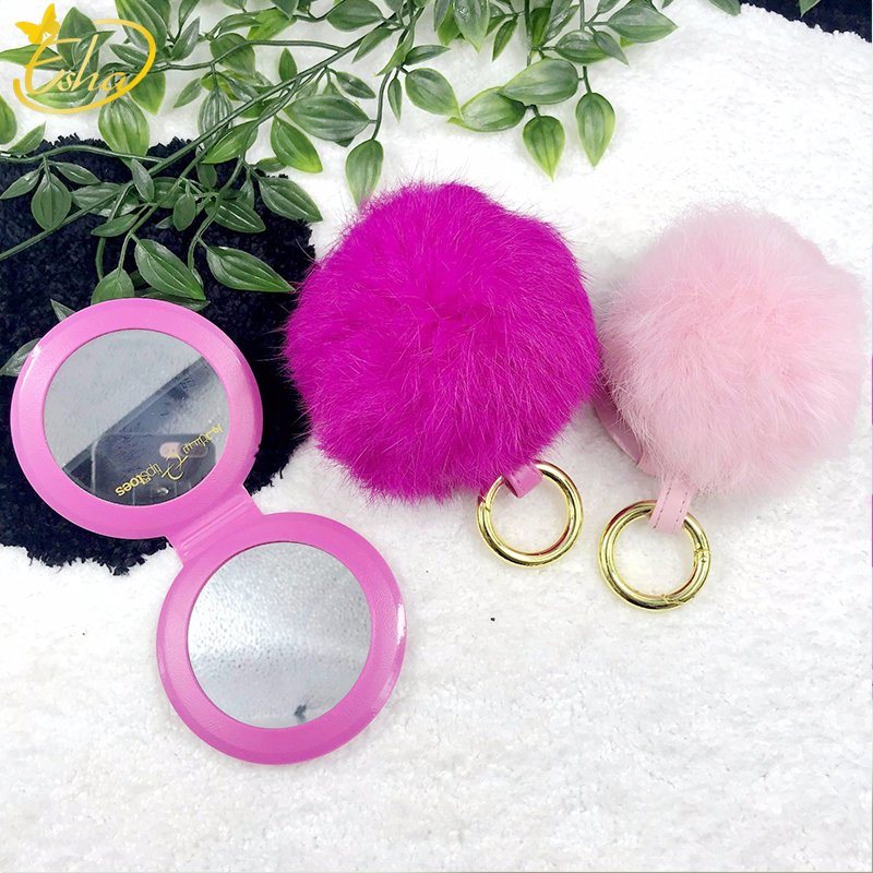 Pocket Cosmetic Mirror with Fur with Keychain