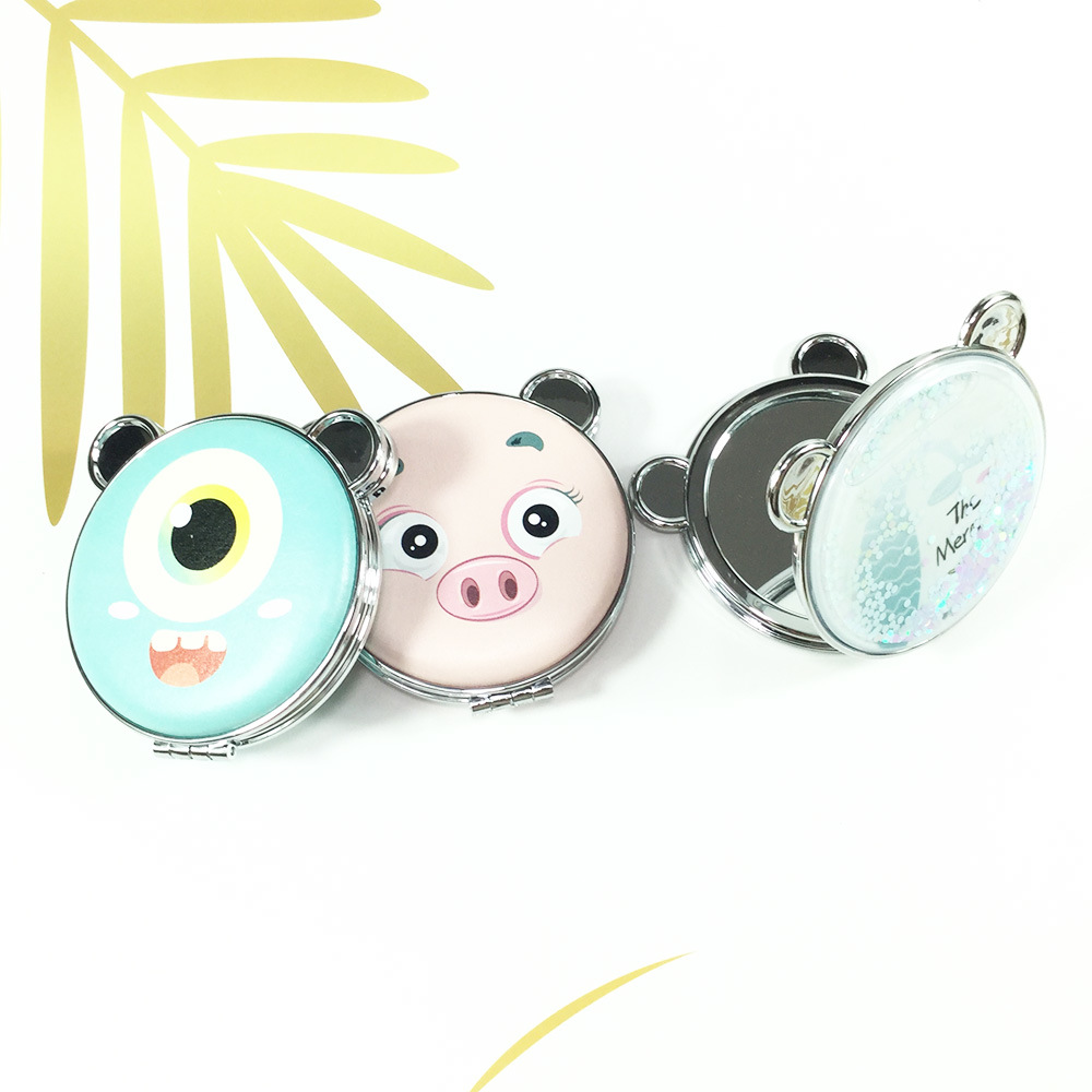 Metal Duble Side Pocket Mirror Lovely Ears PU Makeup Mirror