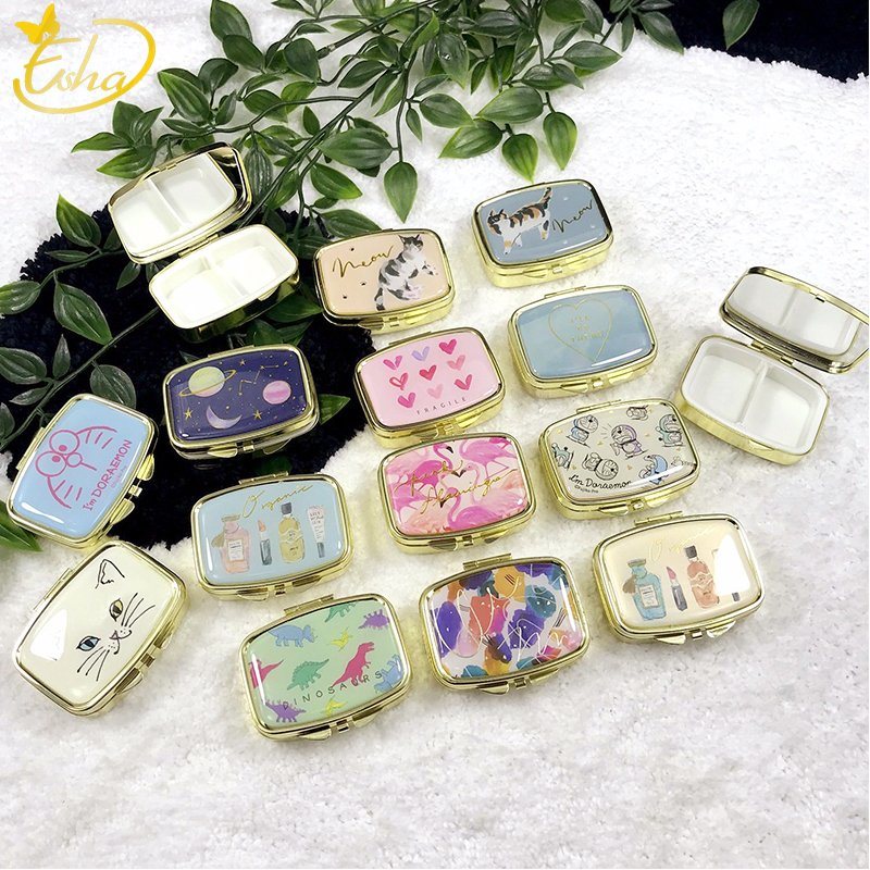 Japanese Compartments Mini Round Metal Pill Box Mirror
