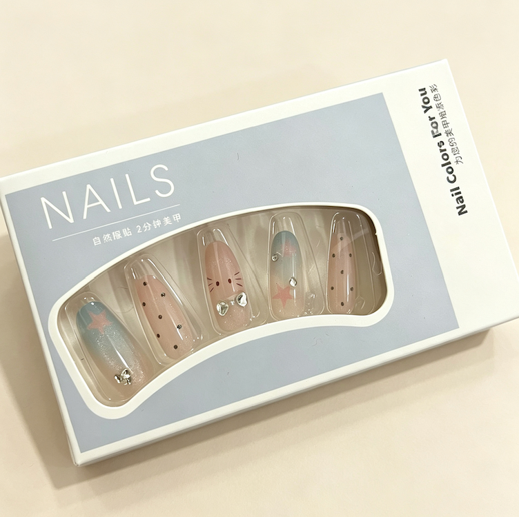 Custom Nude Gradient Hand Drawn Star Rhinestone Press On Nails | OEM Wholesale Handmade False Nail Sets
