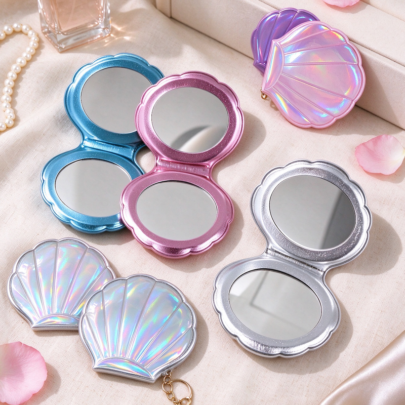 Custom Seashell PU Makeup Mirror with Keychain | OEM ODM Bespoke Compact Mirror