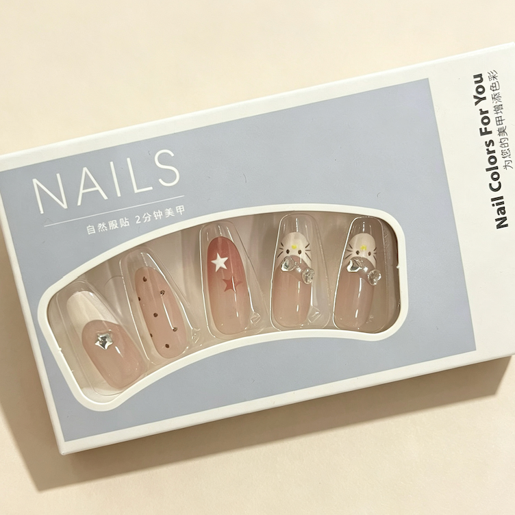 Custom Nude Gradient Hand Drawn Star Rhinestone Press On Nails | OEM Wholesale Handmade False Nail Sets