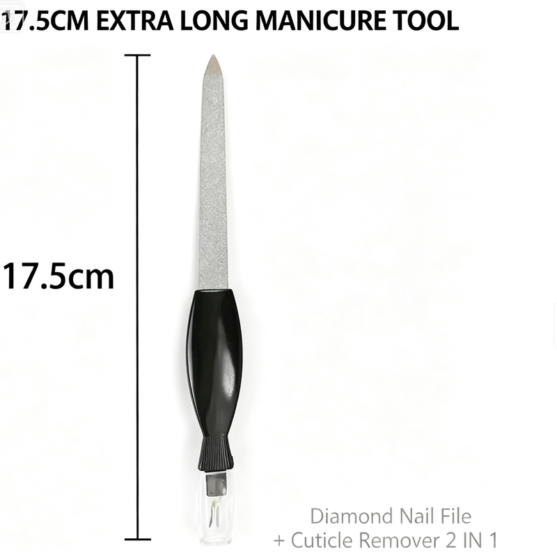 17.5cm Extra Long 2 in 1 Stainless Steel Manicure Tool Set, 3PCS Diamond Nail File & Cuticle Pusher Kit