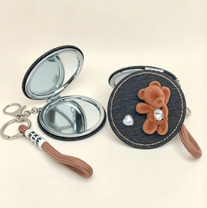 OEM Custom Denim Flocking Bear Double Sided Compact Pocket Makeup Mirror With Keychain