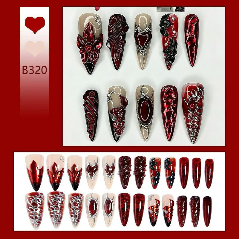 Semi-Handmade Pink Floral Press On Nails B321 & B322, Reusable Luxury False Nails with 3D Flower & Rhinestones