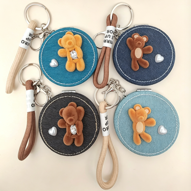 OEM Custom Denim Flocking Bear Double Sided Compact Pocket Makeup Mirror With Keychain