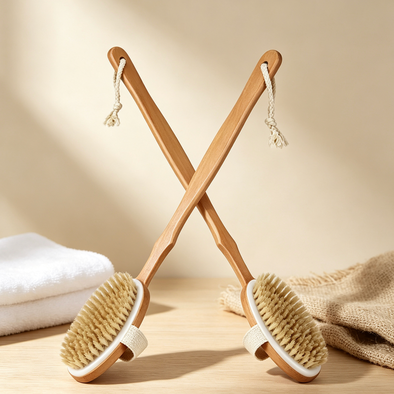 Premium Wooden Long Handle Bath Brush Custom Logo Exfoliating Body Shower Brush