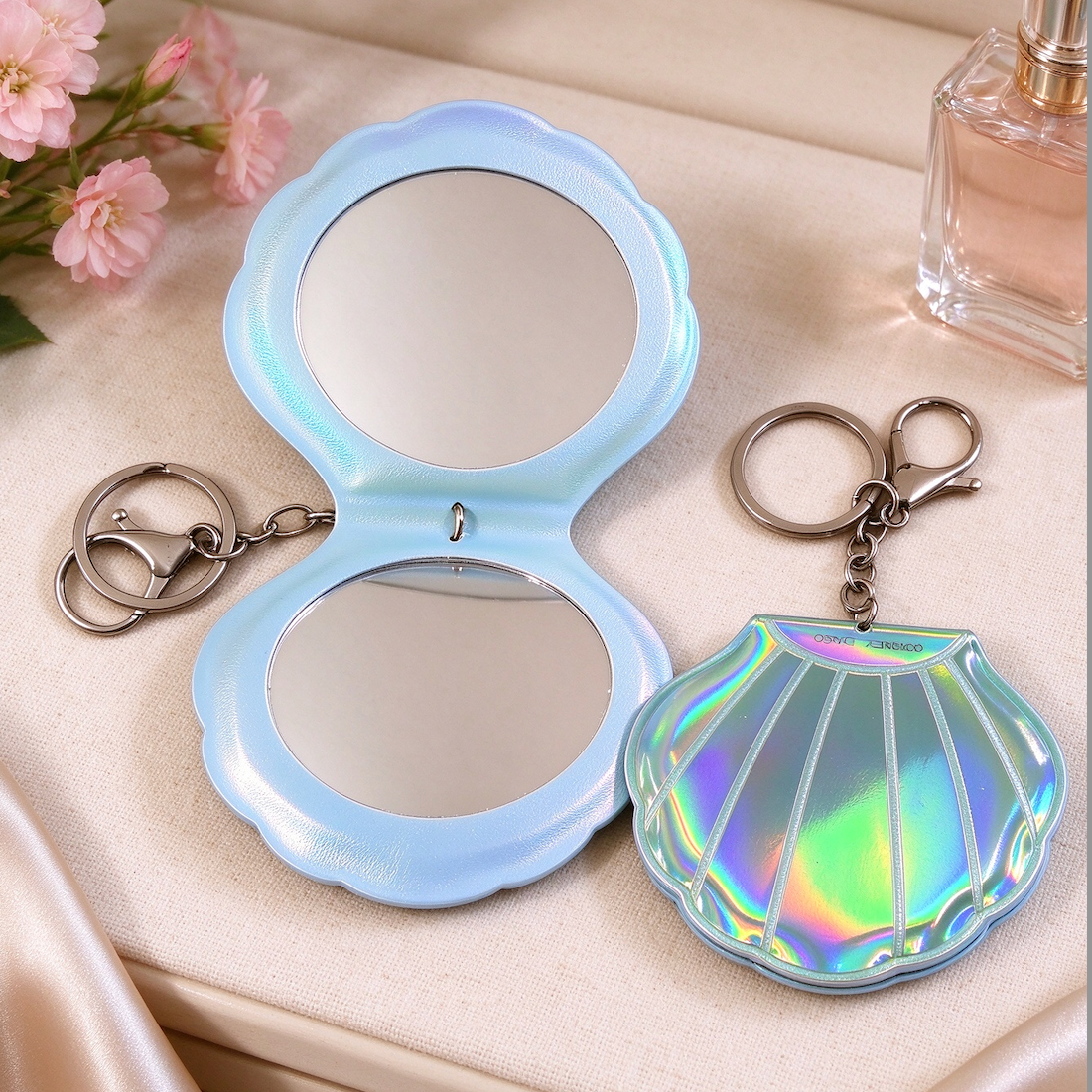 Custom Seashell PU Makeup Mirror with Keychain | OEM ODM Bespoke Compact Mirror