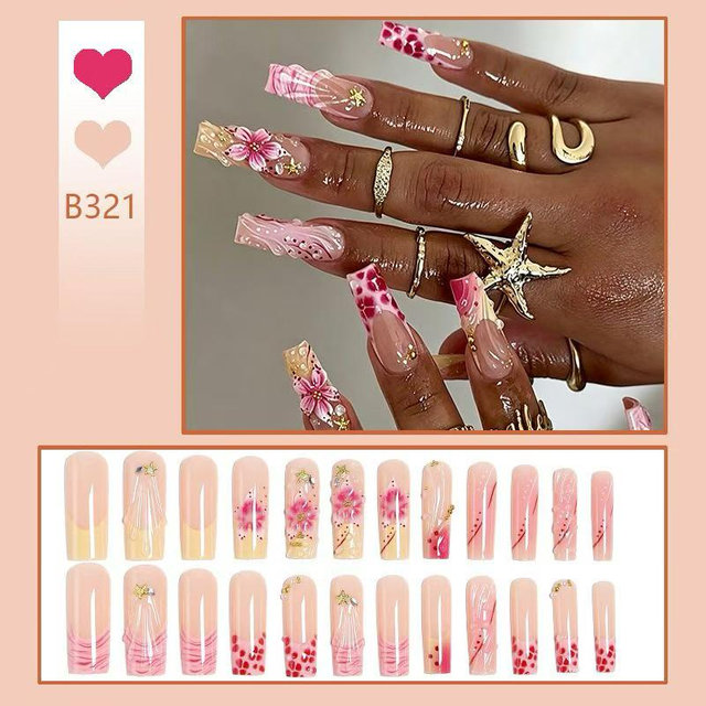 Semi-Handmade Pink Floral Press On Nails B321 & B322, Reusable Luxury False Nails with 3D Flower & Rhinestones