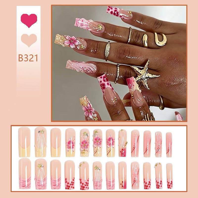 Semi-Handmade Pink Floral Press On Nails B321 & B322, Reusable Luxury False Nails with 3D Flower & Rhinestones