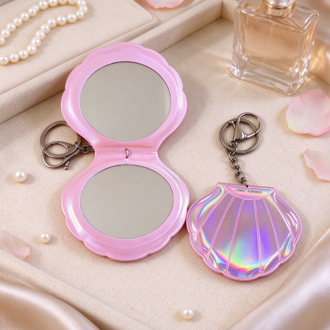 Custom Seashell PU Makeup Mirror with Keychain | OEM ODM Bespoke Compact Mirror