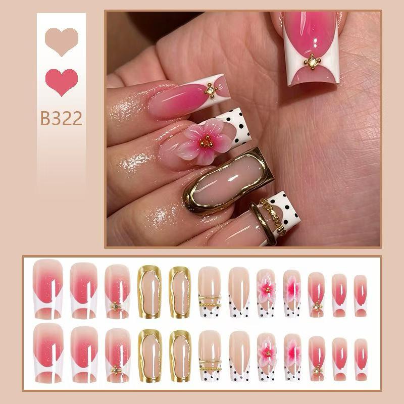 Semi-Handmade Pink Floral Press On Nails B321 & B322, Reusable Luxury False Nails with 3D Flower & Rhinestones
