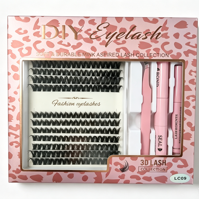 3D Mink DIY Cluster Lash Extension Kit LC09 Pink Leopard Private Label Set With Tweezers Bond Seal & Remover