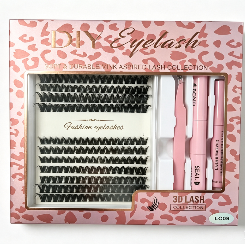 3D Mink DIY Cluster Lash Extension Kit LC09 Pink Leopard Private Label Set With Tweezers Bond Seal & Remover
