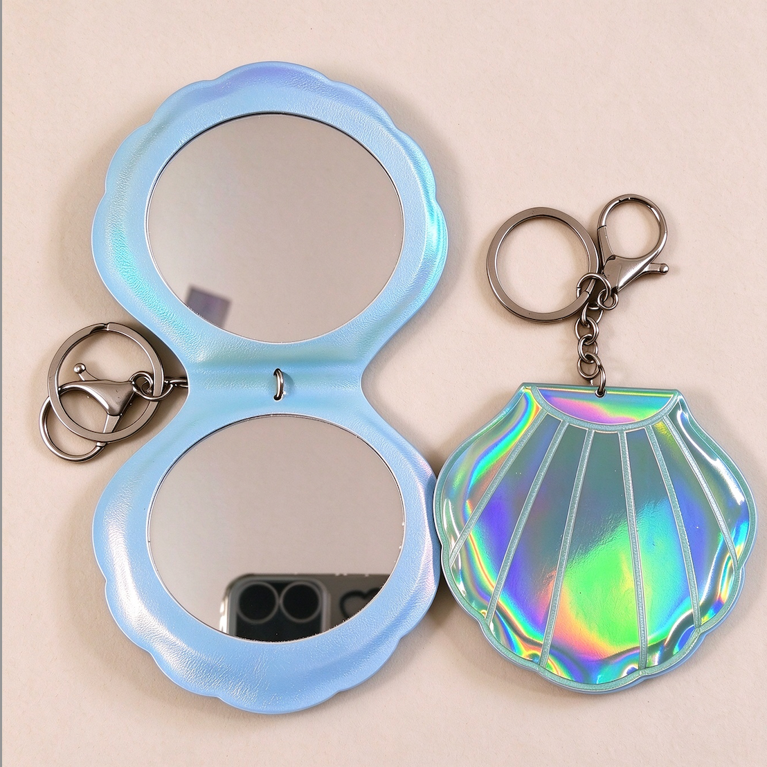 Custom Seashell PU Makeup Mirror with Keychain | OEM ODM Bespoke Compact Mirror